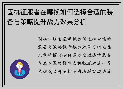 固执征服者在哪换如何选择合适的装备与策略提升战力效果分析